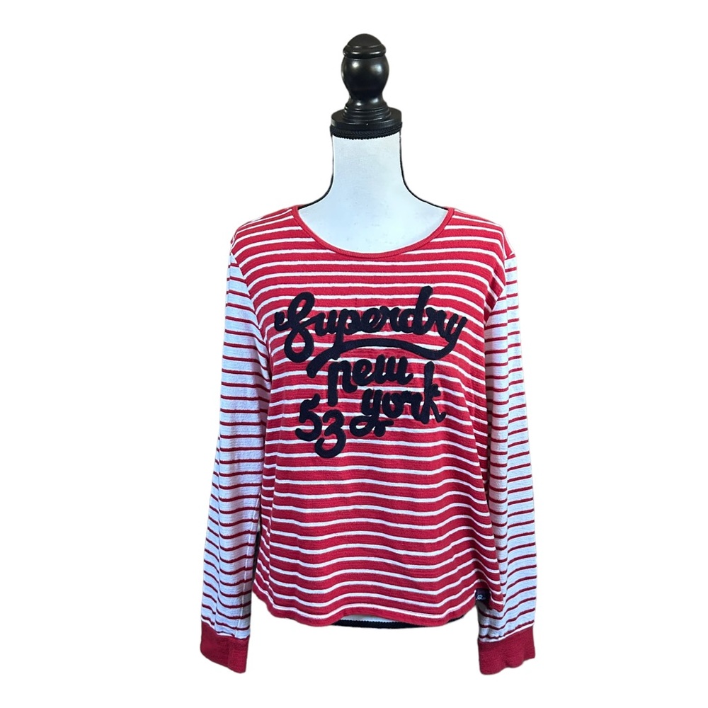 Superdry Andie Top Red White Stripe Logo Knit Long Sleeve Retro Streetwear Sz 10